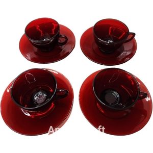 Antique Ruby Red Depression Glass Coffee Cup w Saucer, Set of 4